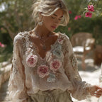 Women's Bohemian Lily Print Dyeing Gold Round Neck Long Sleeve Top
