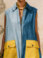Oversized Color-Block Denim Sleeveless Maxi Shirt Dress With Statement Pockets