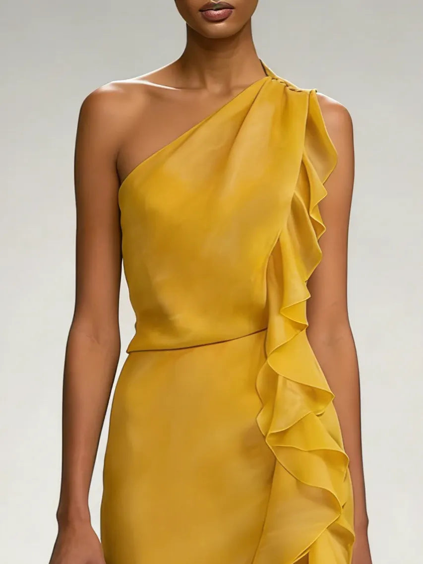 Yellow Peplum Chiffon One Shoulder Sleeveless Sheath Maxi Dress