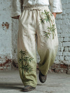 Men's Japanese Bamboo Art Pattern Linen Blend Casual Pants