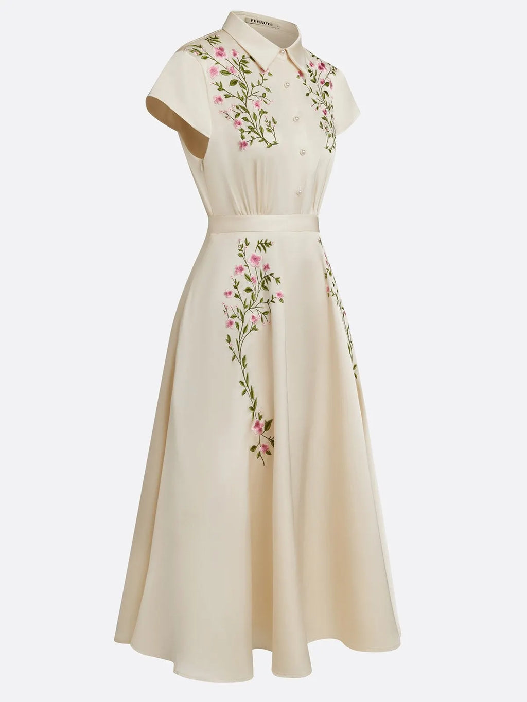 Apricot Embroidery Floral Classic Bow Collar Cap Sleeve A-Line Midi Dress