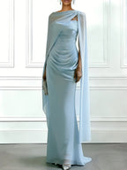 Light Blue 3D Floral Chiffon Boat Neck Cap Sleeve Sheath Gown Dress