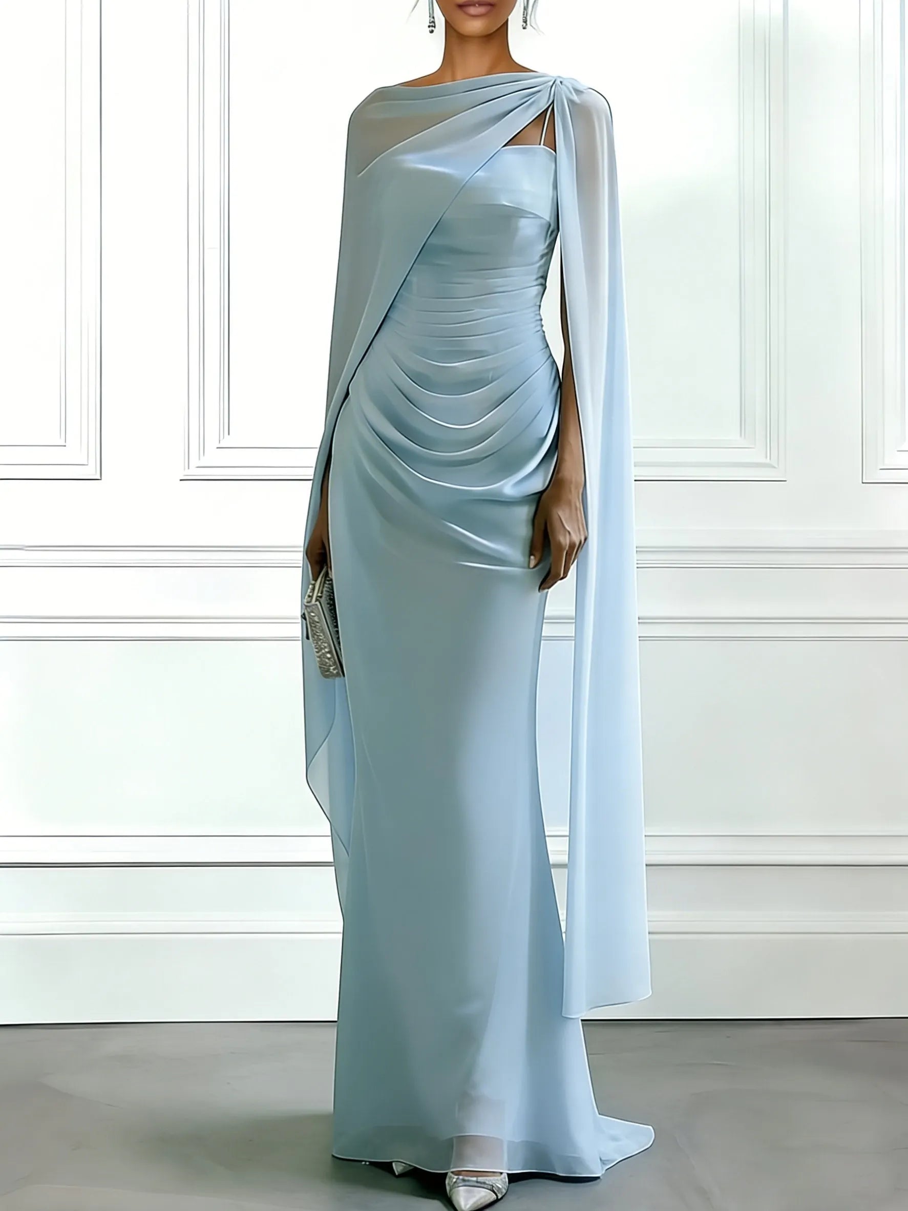 Light Blue 3D Floral Chiffon Boat Neck Cap Sleeve Sheath Gown Dress