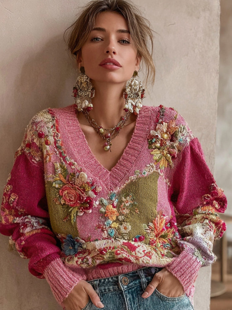 Women's Vintage Bohemian Floral Embroidery Patchwork Art V-neck Cozy Knit Sweater