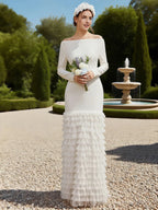 Off White Off The Shoulder Ruched  Mermaid Gown