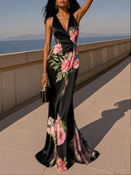 Pink Cross Floral Wrap Dress V Neck Sleeveless Mermaid Gown Dress