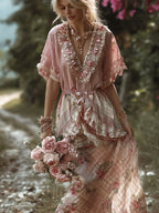Bohème Style Retro Patchwork Plaid Skirt Rose Embroidery V-neck Dress