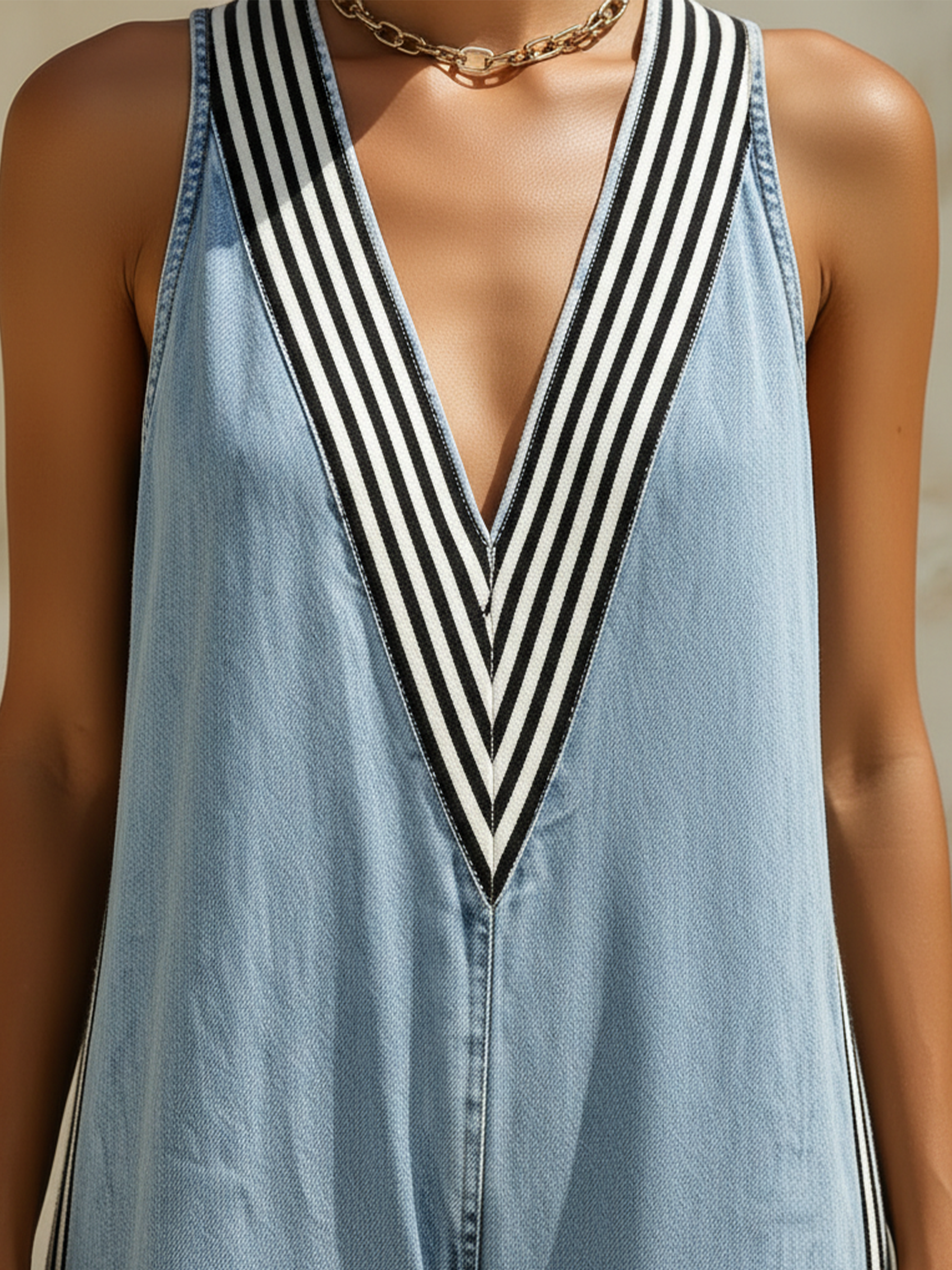 Light Wash Denim Striped Trim Wide-Leg Jumpsuit