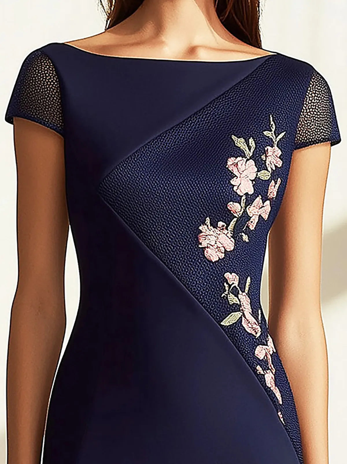 Navy Blue Dress with Floral Embroidery and Mesh Sleeves