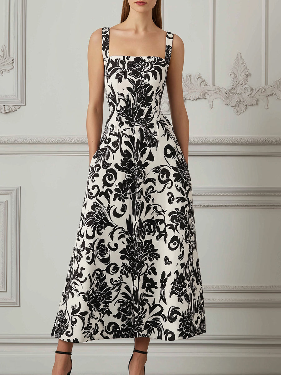 Black & White Baroque Floral Print Square Neck A-Line Midi Dress
