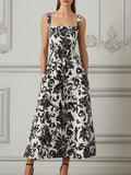 Black & White Baroque Floral Print Square Neck A-Line Midi Dress