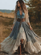 Vintage Lace & Denim Patchwork Wide Skirted Maxi Dress