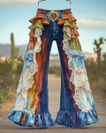 Summer ruffled denim cotton and linen patchwork contrast color pants 89fb