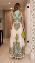 Paisley Print Sleeveless Maxi Dress with Lace Trim