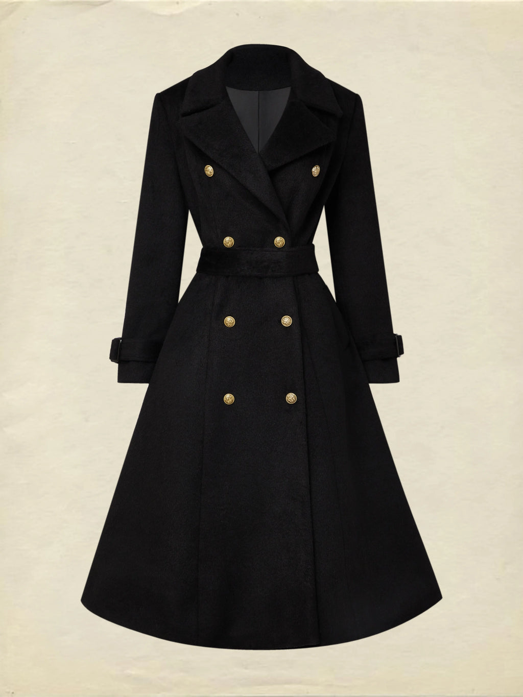 Wool Trench Coat, Long Sleeves, Lapel Collar, Plain, Button Design, Vintage, Black