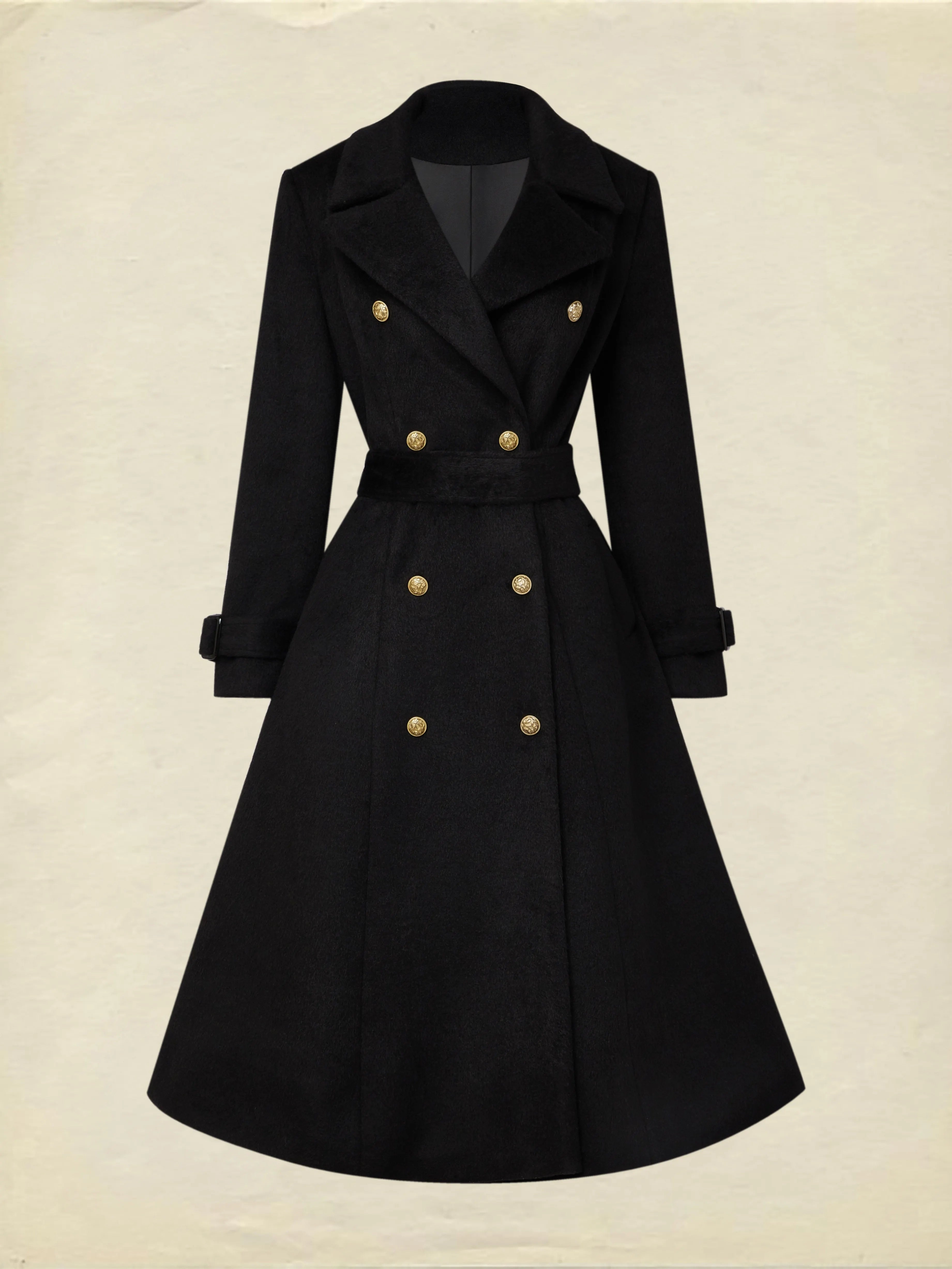 Wool Trench Coat, Long Sleeves, Lapel Collar, Plain, Button Design, Vintage, Black