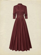 Maxi Linen Dress, Long Sleeves, Stand Collar, Plain, Button Design, Vintage, Red