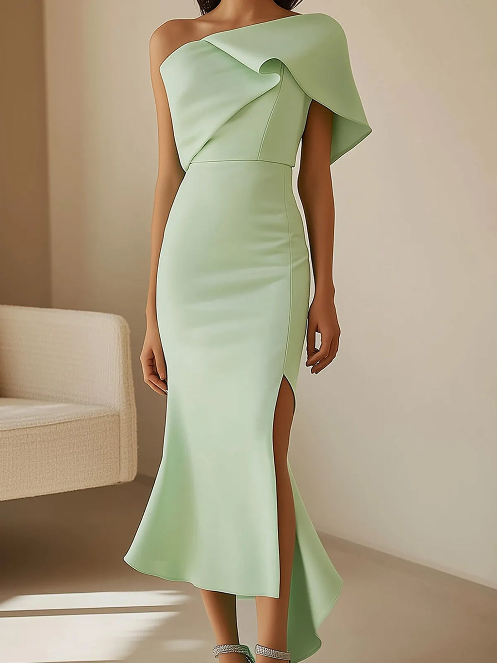 Light Green Satin Dress with Asymmetric Shoulder Detail