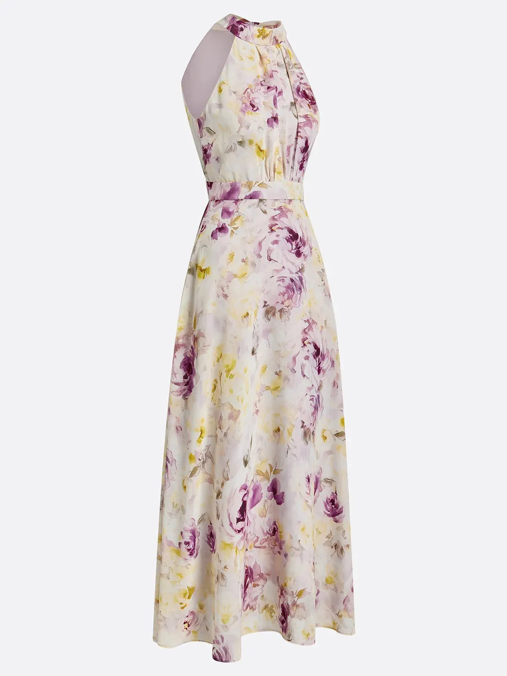 Light Purple Floral Chiffon Halter Sleeveless A-Line Maxi Dress