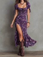 Boho Chic Smocked Floral Puff-Sleeve Midi Dress