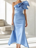 Blue Satin Dress with Shoulder Bow Detail