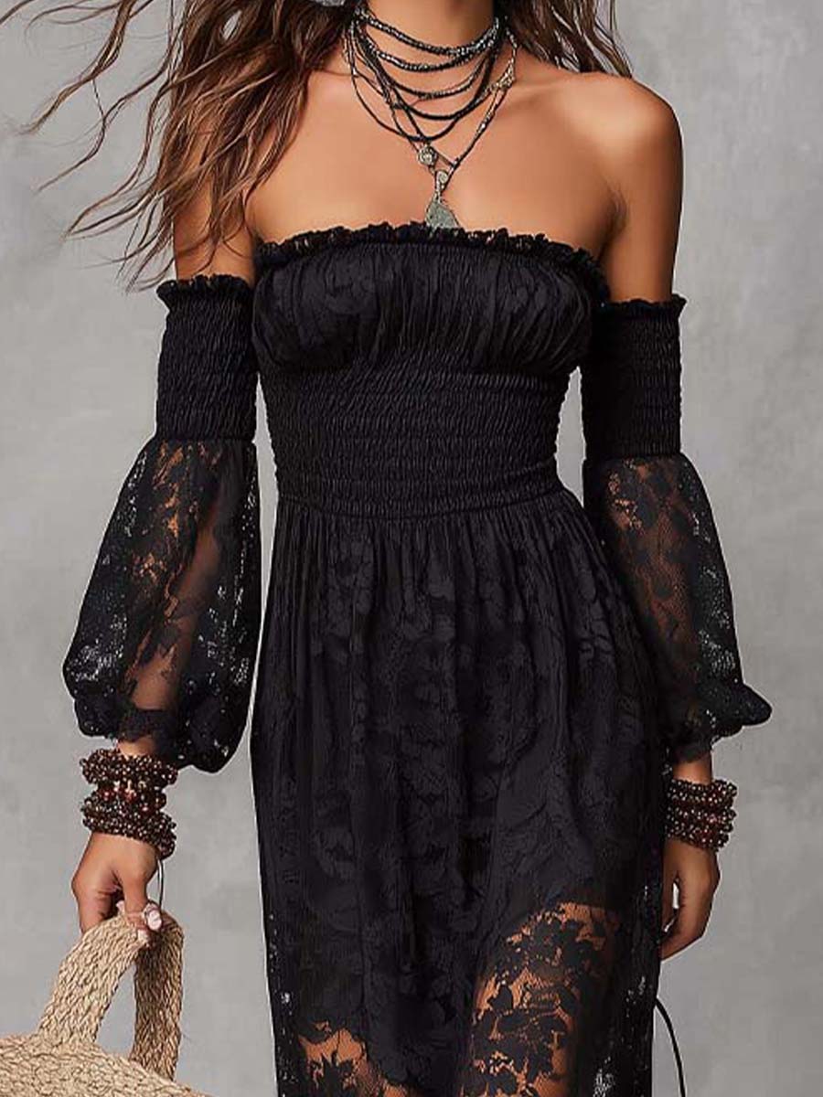 Black Smocked Off-Shoulder Lace Maxi Dress