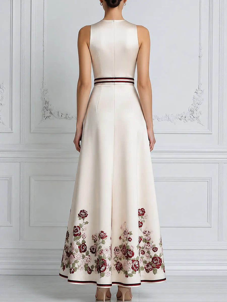 Deep V-Neck Draped Waist Floral Hem A-Line Maxi Dress