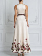 Deep V-Neck Draped Waist Floral Hem A-Line Maxi Dress