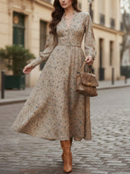 Midi Linen Dress, Long Sleeves, V Neck, Floral, Belt Design, Vintage, Khaki