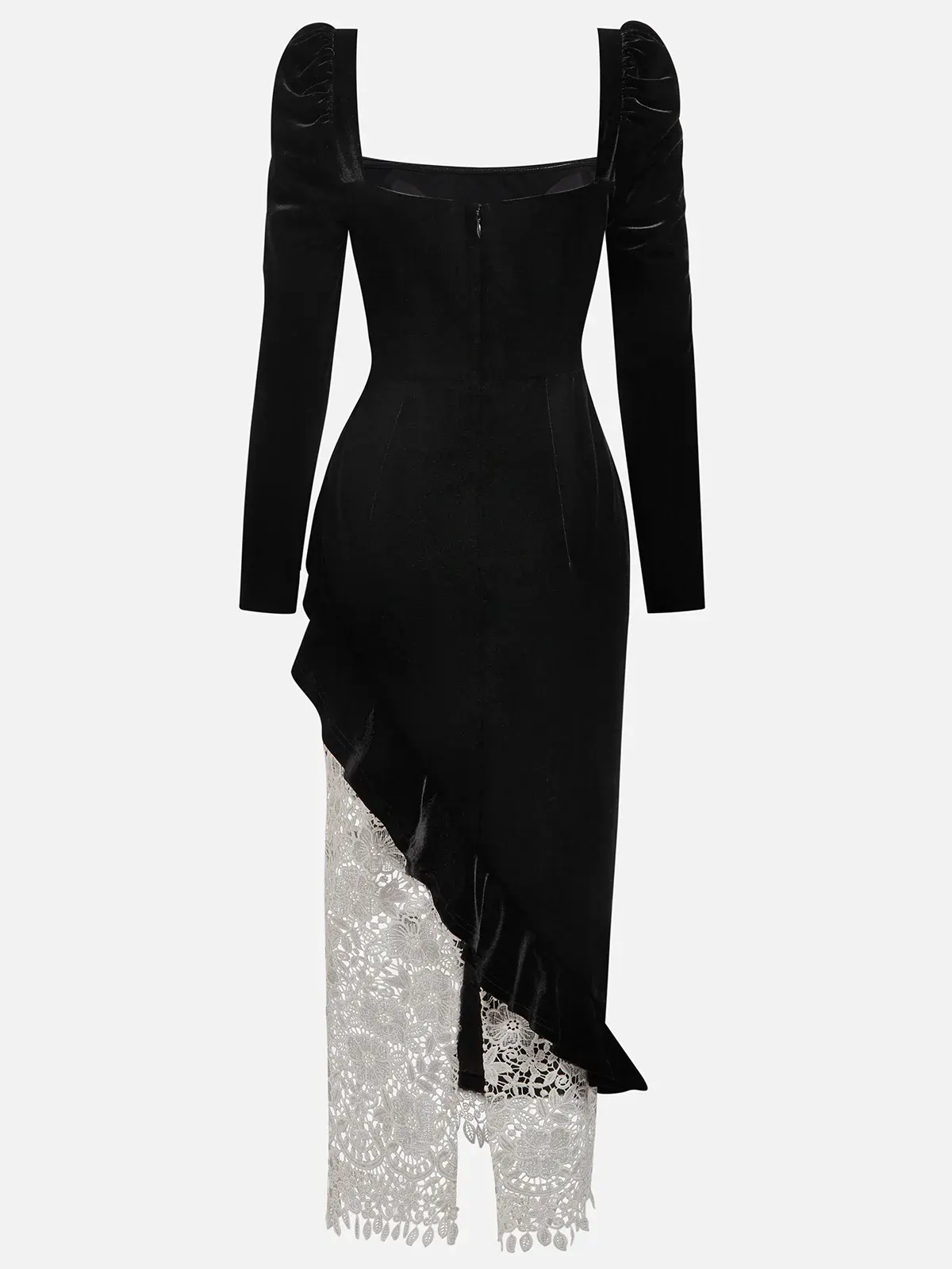 Black Lace Ruffled Velvet Square Neck Long Sleeve Sheath Midi Dress