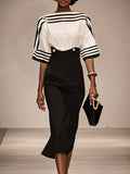 Black White Striped Boat Neck Half Sleeve Sheath Midi Satin Dress