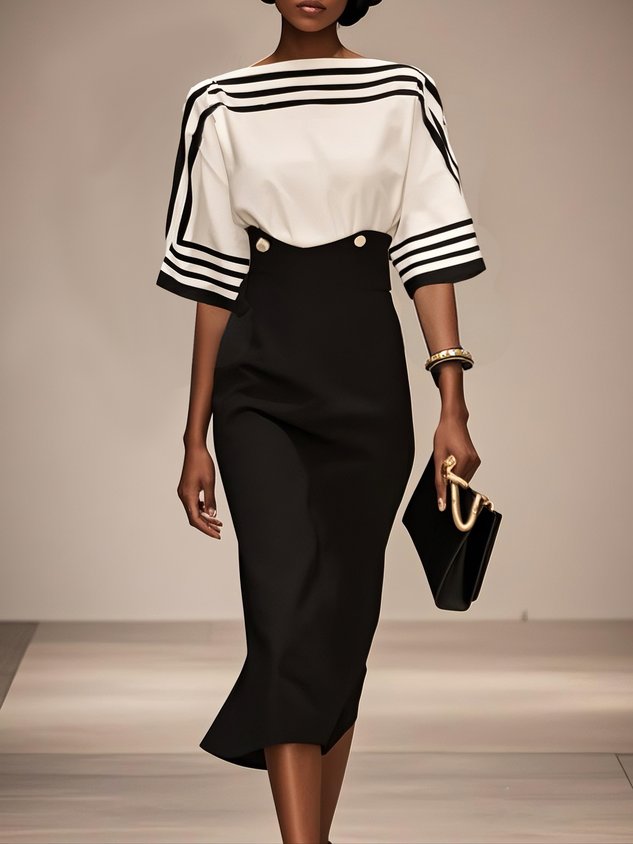 Black White Striped Boat Neck Half Sleeve Sheath Midi Satin Dress