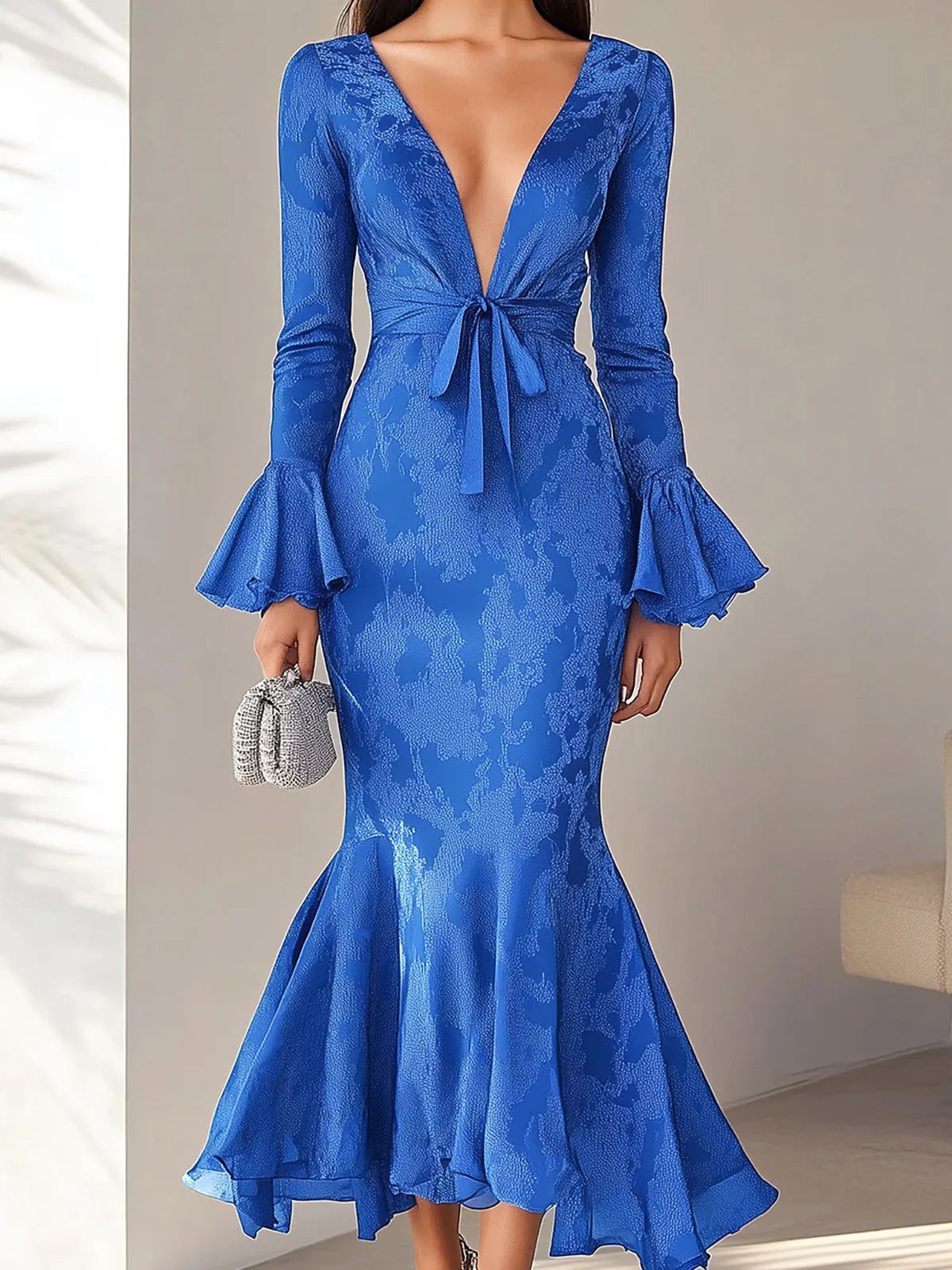 Elegant Blue Satin Jacquard Trumpet Sleeve Dress