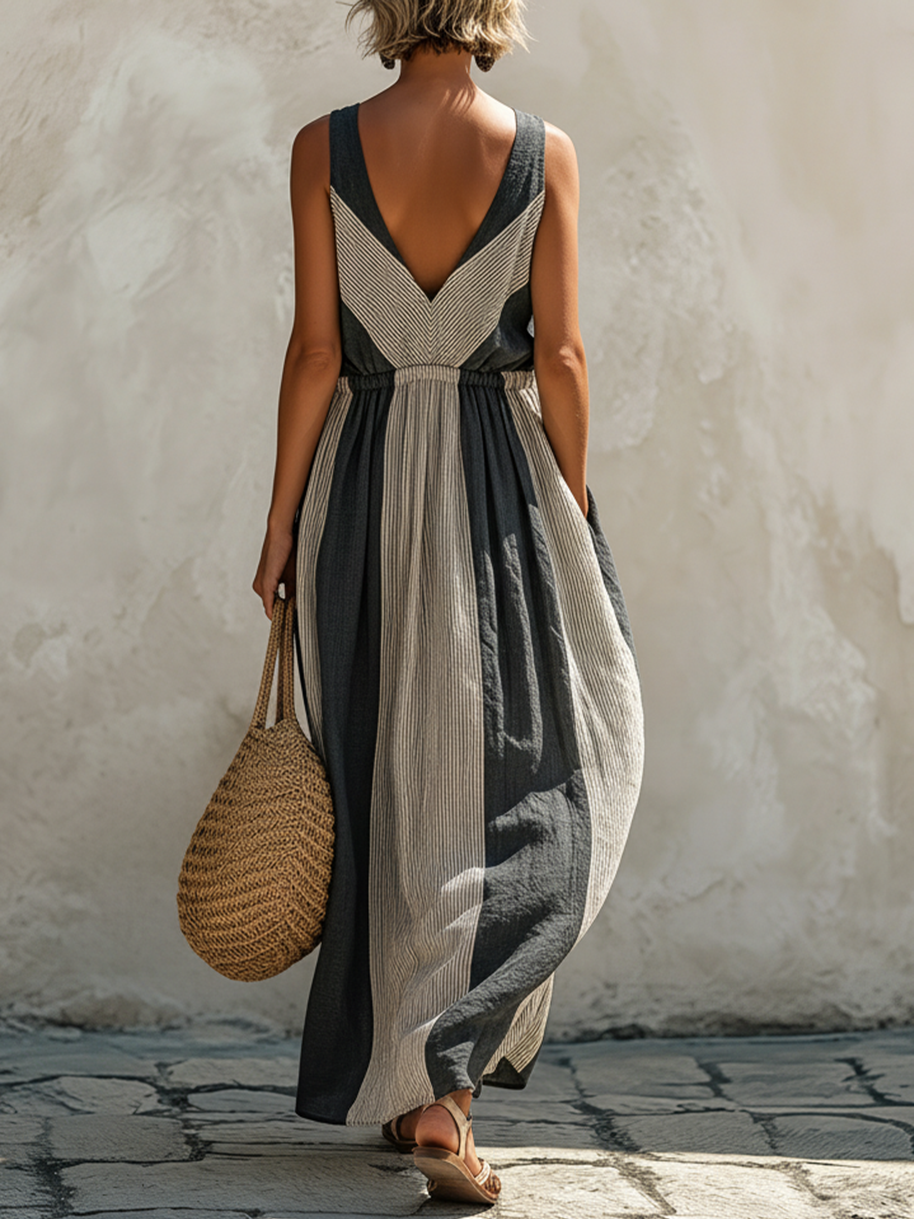 Striped Linen-Blend Maxi Dress Casual Resort Wear