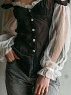 Retro Black Off-Shoulder White Organza Sleeves Blouse White Buttons