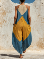 Loose-Fit Color-Block Denim Halter Jumpsuit with Pockets