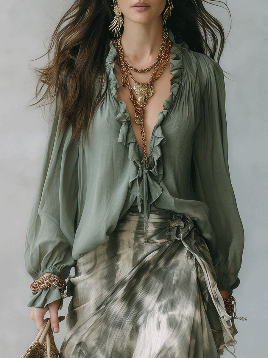 Bohemian Tie-Dye Ruffle Blouse & Flowing Maxi Skirt Set
