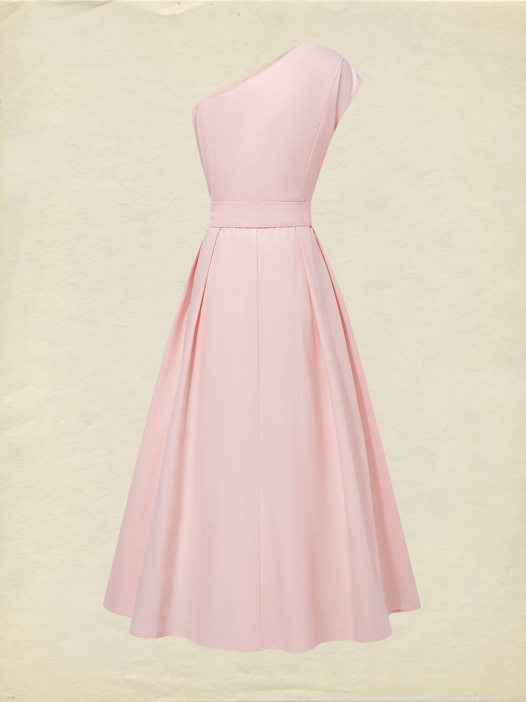 Maxi Cotton Dress , Sleeveless, One shoulder, Plain, Belt Design, Vintage, Light Pink