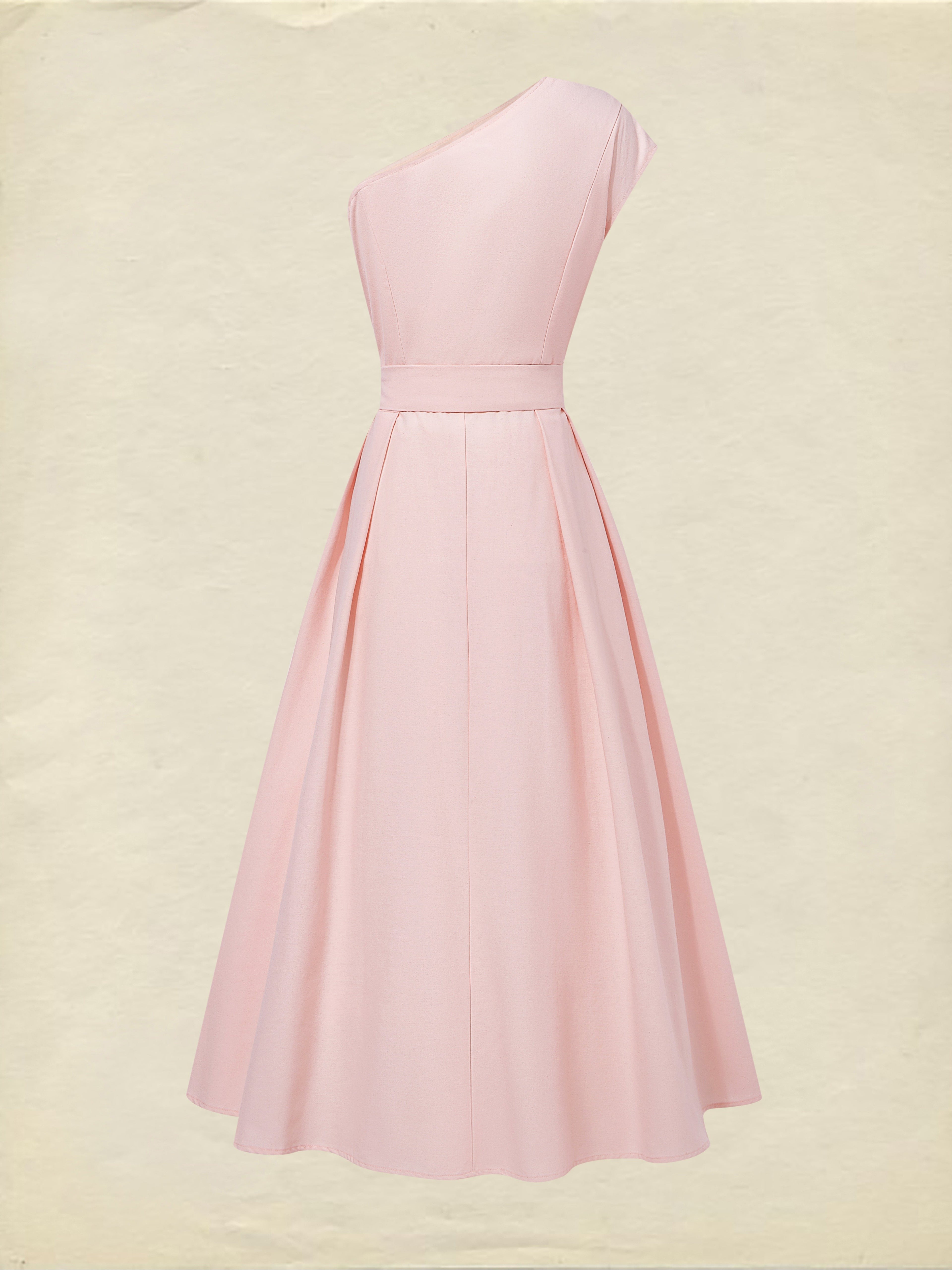 Maxi Cotton Dress , Sleeveless, One shoulder, Plain, Belt Design, Vintage, Light Pink