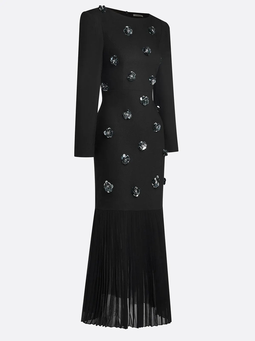 Black Pleated 3D Floral Classic Boat Neck Long Sleeve Mermaid Maxi Dress