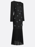 Black Pleated 3D Floral Classic Boat Neck Long Sleeve Mermaid Maxi Dress
