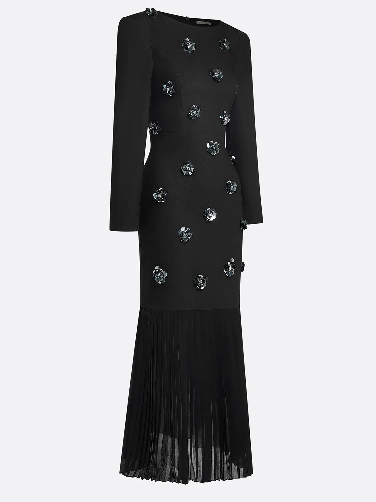 Black Pleated 3D Floral Classic Boat Neck Long Sleeve Mermaid Maxi Dress