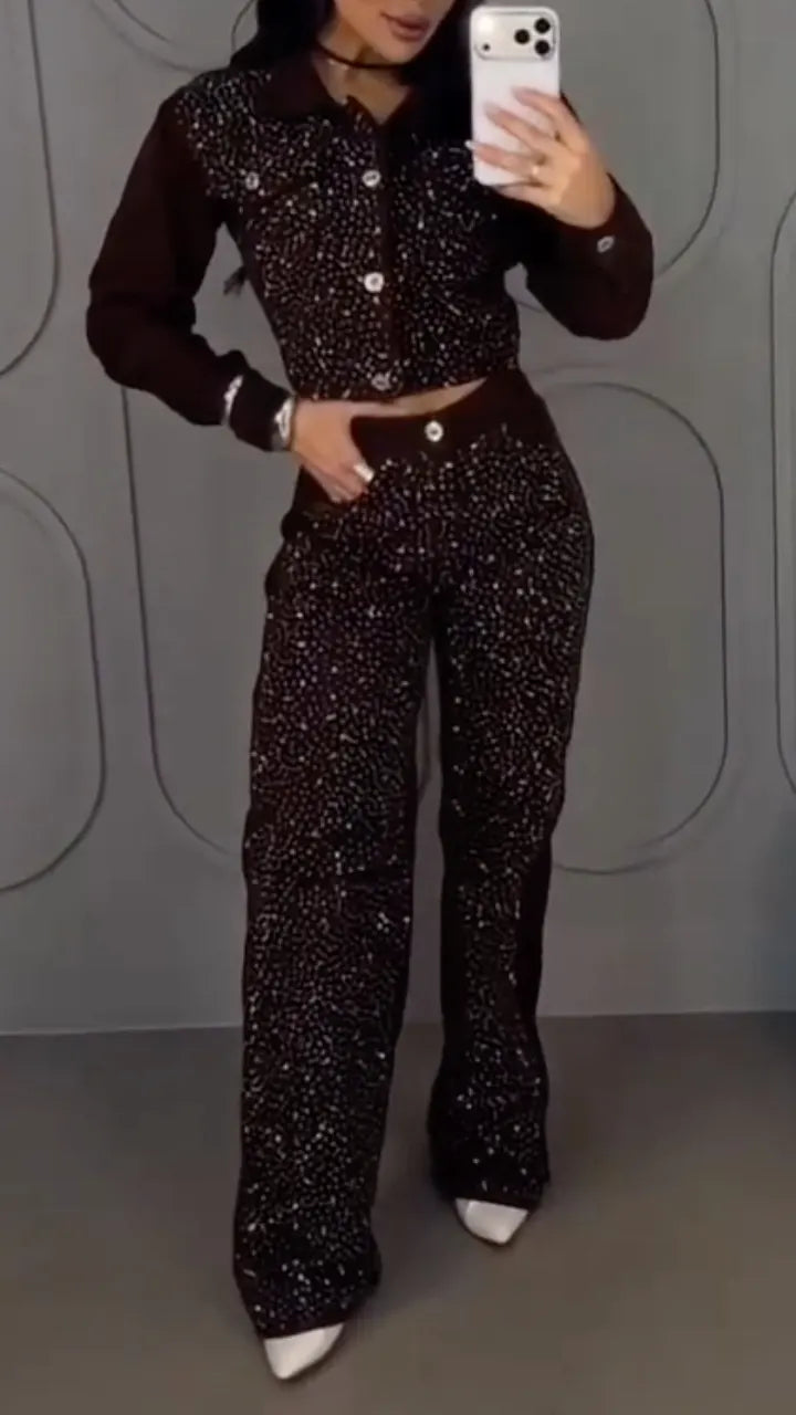 Rhinestone Cropped Denim Jacket & Flare Jeans Set