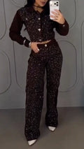 Rhinestone Cropped Denim Jacket & Flare Jeans Set
