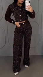 Rhinestone Cropped Denim Jacket & Flare Jeans Set