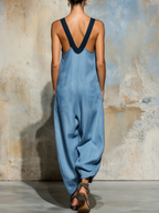 Washed Denim Sleeveless Wide-Leg Jumpsuit With Dark Trim