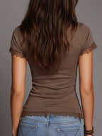 Elegant, Shiny Knitted Slim-fit Short-sleeved T-shirt With Pleats