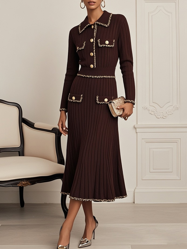 Red Brown Piping Buckle Sweater Lapel Collar Long Sleeve A-Line Midi Dress
