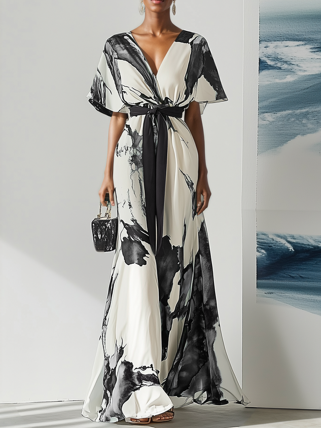Blue Printing Chiffon V Neck Short Sleeve A-Line Maxi Dress With Belt