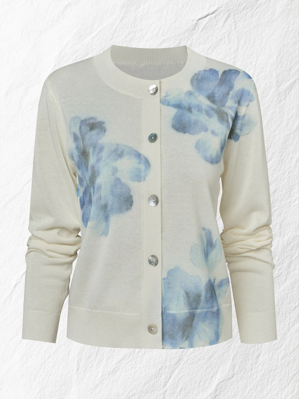Wool Cardigan, Long Sleeves, Round Neck, Floral, Button Design, Vacation, Vintage, White